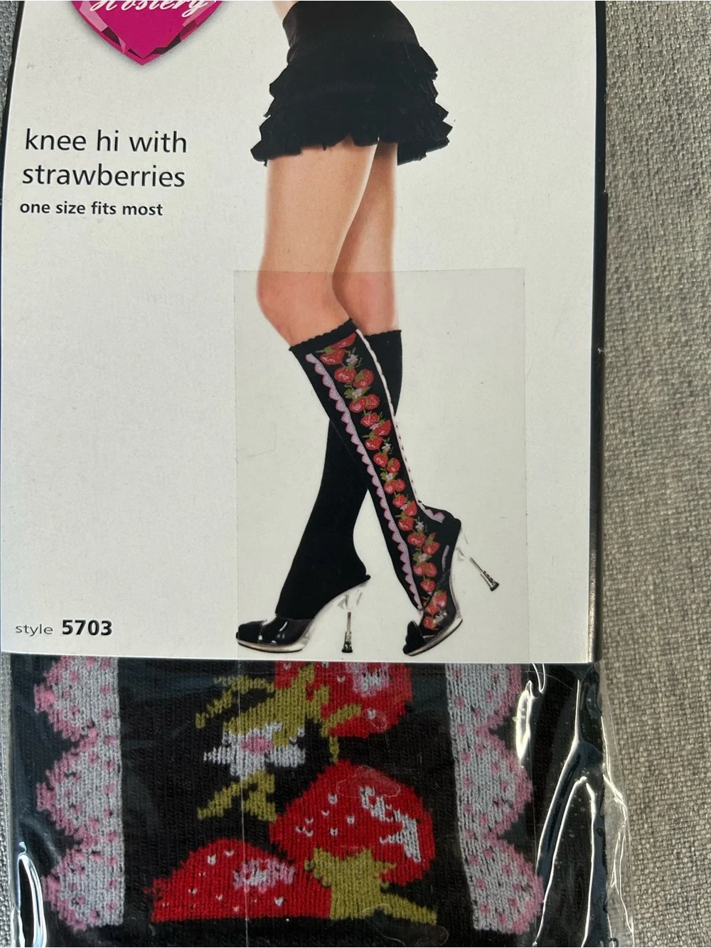 Music Legs Black Knee-High Socks with Red Strawberry Panel